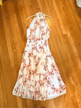 White House Black Market White Floral Halter Dress with Pink Accents